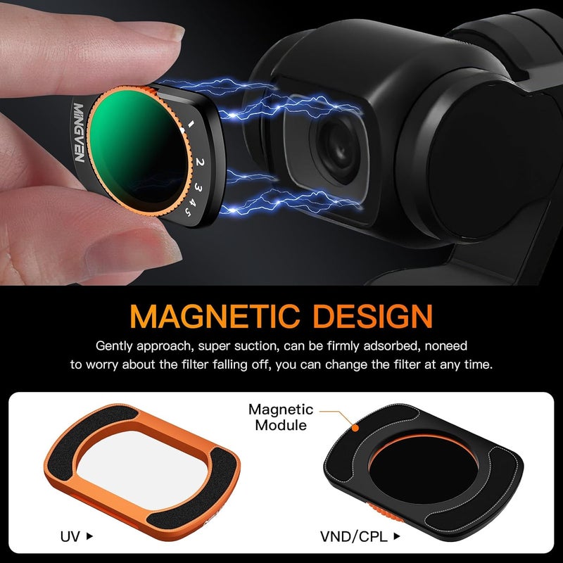 MINGVEN Magnetic Adjustable ND Filters Set for DJI Osmo Pocket 3/Xtra Muse Camera Accessories, Adjustable ND Filters 1-5 Stops + 6-9 Stops - 4 Pack (CPL, UV, VND2-32 VND64-512) - Image 4